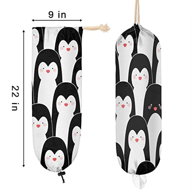 Funny Penguin Plastic Bag Holder Grocery Bag Holder Large Wall Mount Garbage Plastic Bag Organizer Drawstring Adjustment for Kitchen, 22x9 in