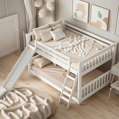 DNYN Full Over Full Bunk Bed with Slide for Kids Bedroom,Solid Wood Floor Bunkbeds for Boys and Girls,Easy Assembly & No Box Spring Needed & Space Saving Design, White