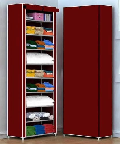 Image of YouCopia Collapsible Wardrobe 6 Shelves Storage Clothes Storage Rack Quick Wardrobe /Cabinet /Multipurpose Storage Rack, Foldable, Collapsible Fabric Plastic Medium (Maroon, 9-Layer)