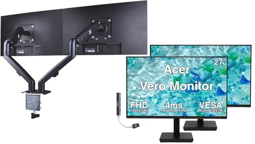 Image of Acer Vero 27 inch FHD LCD Monitor with 4ms Response Time, Anti-Glare, 250 nits Brightness, VESA Mount (100mm), Displayport, HDMI & Black Color 2 Pack w /DKZ Hub & ErgoFlexy Dual Mount Arms