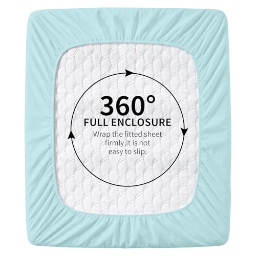 Image of HBHLFZ Full Fitted Sheet Only, Soft Breathable Bottom Sheet - 54 inchx75 inch Deep Pockets Full Size Fitted Sheet - All Around Stretch Fit, Wrinkle Resistant, Colorfast - Easy Care, Light Blue