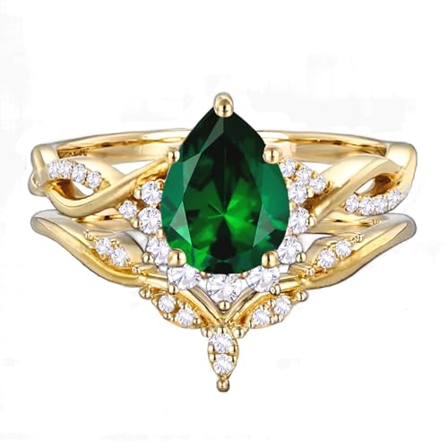 10K/14K/18K Gold 1 Carat Pear Cut Gemstone Vintage Engagement Rings Set for Women Birthstone Art Deco Engraved Bridal Wedding Promise Ring Sets for Her Wife Size 4~12