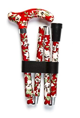 Folding walking stick - White and green flowers on a red background by Phoenix Walking Sticks