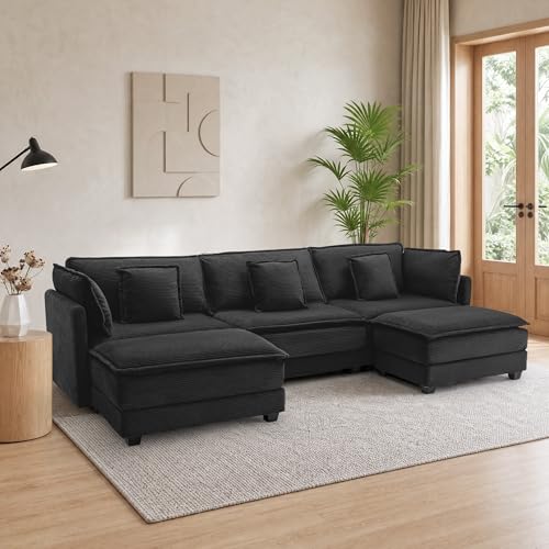 Image of Corduroy Sectional Couch, 3 Seater 113 inch U Shaped Cloud Couch with 2 Ottomans, Modular Deep Seat Sofa with Pillows for Living Room, Apartment, Black