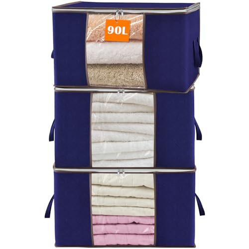 Cajas Almacenaje Ropa 3 Piezas, 90L Bolsa de Almacenamiento de Ropa con Mango Reforzado, Organizador de Canape Transpirable con Cremallera Robusta Bolsas para Guardar Ropa, Edredones, Mantas