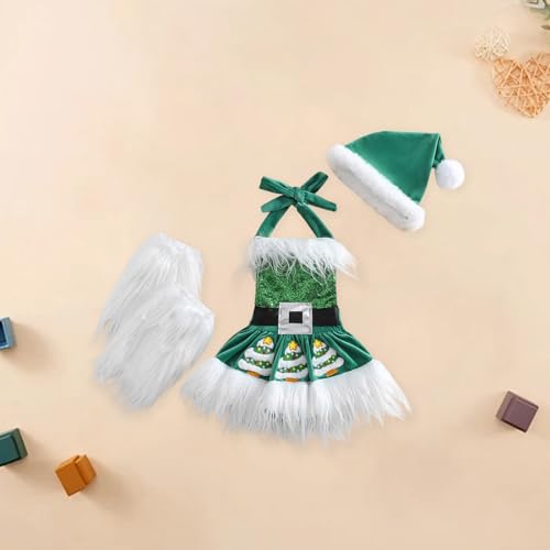 Baby Girl Cute Sequin Sleeveless Halter Romper Dress with Leg Warmer Hat Infant Newborn Christmas Outfit3