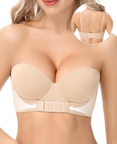 Strapless Push Up Bra with Clear Straps Front Closure Convertible Balconette Padded Underwire Bras for Women