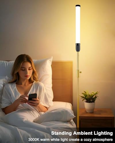 Image of Lightdot 68IN LED Floor Lamp for Living Room, Stepless Dimmable(10-100% Brightness) Modern Standing Tall Lamps with Milky White Cylindrical LampHead,Mid Century Industrial Floor Lamps for Bedroom-Gold