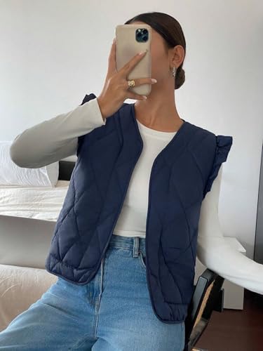 Navy Blue Sleeveless Ruffled Padded Coat for Women - Cozy and Chic for Every Occasion - Image 3