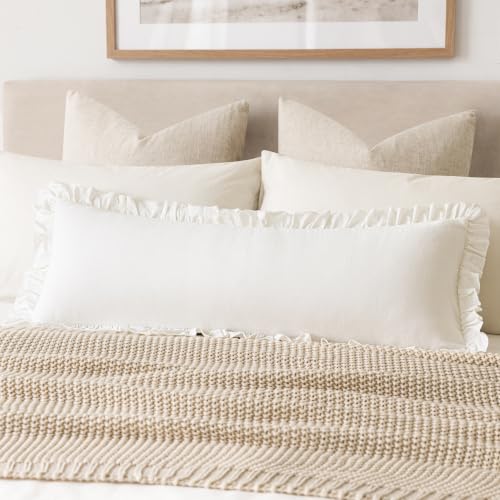 Image of Foindtower Set of 1 Decorative Linen Fringe Ruffle Throw Pillow Cover Long Lumbar Farmhouse Cushion Cover Body Boho Accent Retro Pillowcase for Couch Bed Living Room Home Decor,14x36 Inch,White