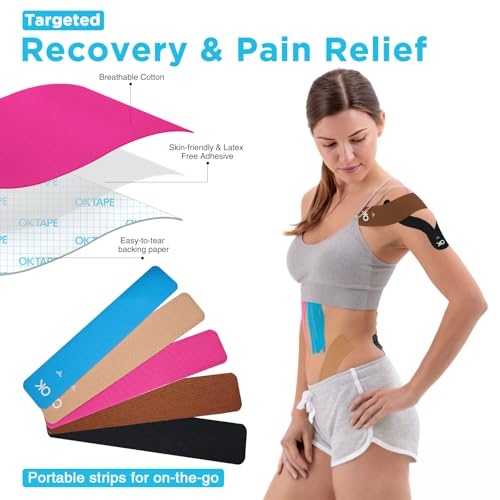 Image of OK TAPE 100Pcs Precut Kinesiology Tape Strips, Elastic Athletic Tape | for Joints Support & Muscle Pain Relief, Waterproof, Kinetic Tape for Shoulder, Knee, Ankle (5 Colors, 2 inch x 10 inch)