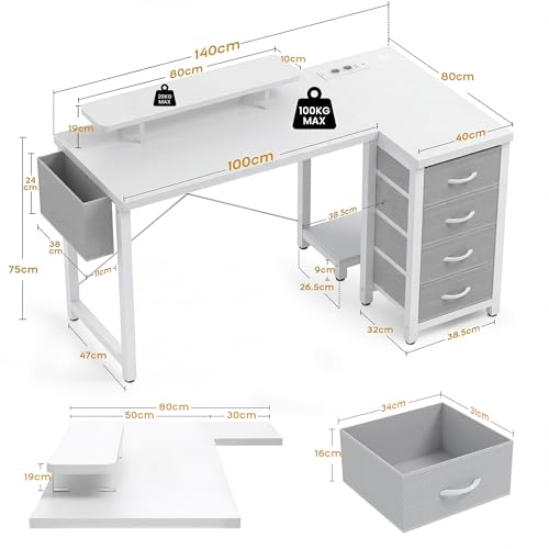 Bureau d'angle avec support d'écran et prises USB blanc Claiks - 4