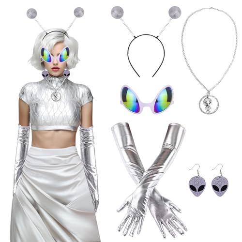 SelfTek Conjunto de Disfraz De Alien - 5 Piezas Disfraz Espacial para Mujer con Diadema, Gafas de Carnaval - para Halloween, Cosplay, Mascarada y Carnaval