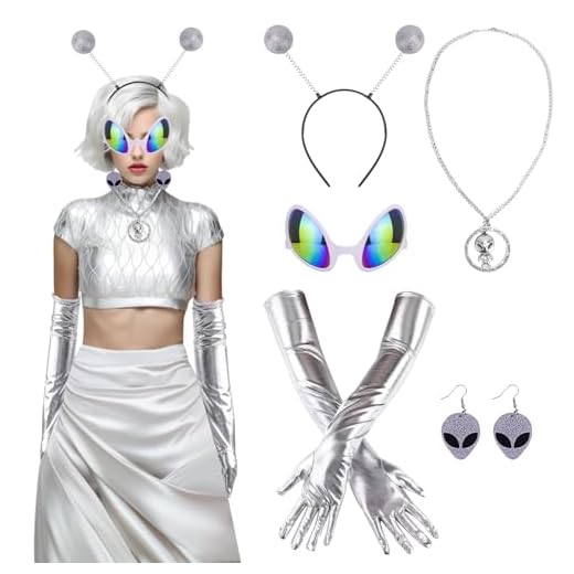 SelfTek Conjunto de Disfraz De Alien - 5 Piezas Disfraz Espacial para Mujer con Diadema, Gafas de Carnaval - para Halloween, Cosplay, Mascarada y Carnaval