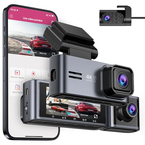 OMBAR Dash Cam 5G WiFi GPS, 3 Channel Dash Cam Front and Rear Inside 2K+1080P+1080P, 3.18″ LCD Screen, 64GB Card Included, Dual Dash Camera for Cars 4K/2K/1080P+1080P IR Night Vision, WDR, G-Sensor