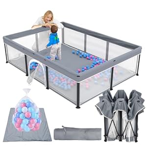 TOREVSIOR Foldable Baby Playpen with Mat, 50″×71″ F oldable P laypen for Babies and Toddlers, Indoor & Outdoor Kids Safety Play Pen, Portable Play Yard, Foldable Baby Playpen with 50 Ocean Balls