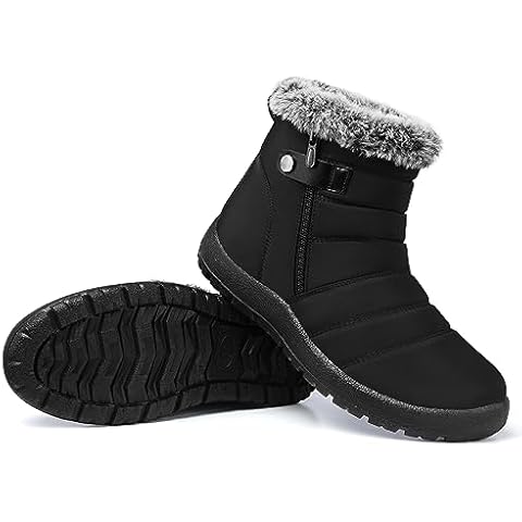 SHIBEVER Women Winter Snow Boots: Womens Black Waterproof Non Slip Ankle Booties Size 8 Warm Fur Lined Outdoor Walking Booty Cover