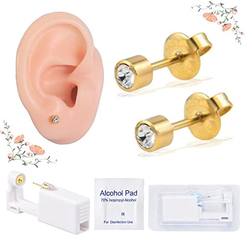 2 Pack Painless Ear Piercing Gun Disposable Self Ear Piercing Gun Earring Ear Stud Gun Kit Sterile Ear Piercing Gun Kit Tool for Girls Women Men Golden Gem, Silver