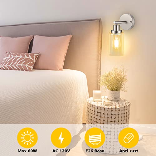 Unicozin Wall Sconces Set Of Two, Vanity Light Fixtures With Clear Glass Shade, Modern Wall Lights For Living Room, Bedroom, Kitchen, Hallway, Mirror, Brushed Nickel, E26 Base (Bulbs Not Included) #TOP4