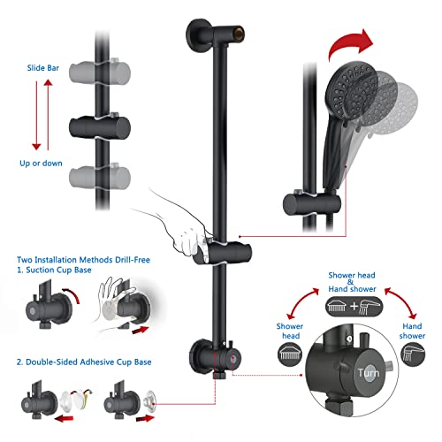 Uclimaa Rain Shower Head With Handheld, 5 Settings Rain Showerhead+6 Setting Handheld Shower Spray With 5Ft Stainless Steel Hose, 24" Drill-Free Slider Bar With Low 3-Way Diverter - Matte Black #TOP1