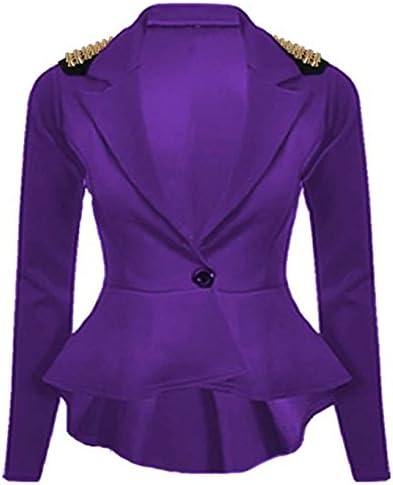 FashionMark Womens Spikes Studded Crop Peplum Frill Button Blazer Jacket Coat Purple