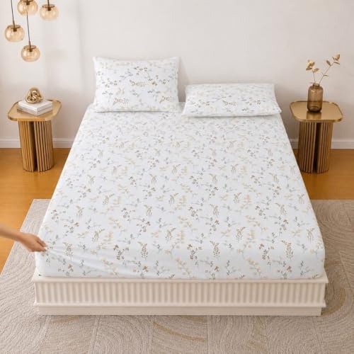 Image of Jaipur Weaves Queen Size Elastic Fitted Bedsheet, 100% Pure Cotton Double Bed Fitted Bedsheet with 2 Pillow Covers, 240 TC, 60x78 Inches up to 8-inch Mattress, Floral (Spring Tulips Yellow, Queen)