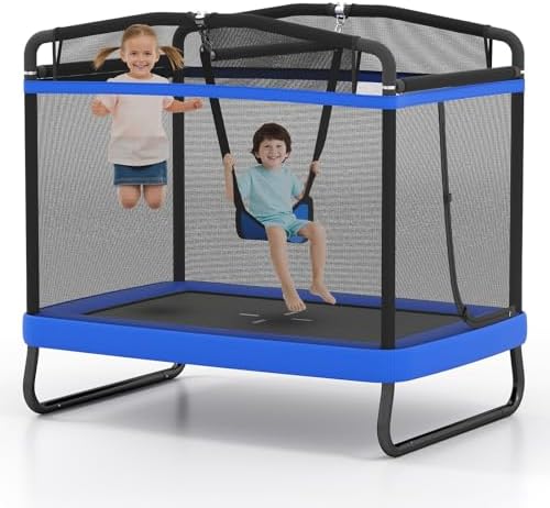 Giantex 6 FT Trampoline for Kids with Swing, Toddler Trampolines with Safety Enclosure Net, ASTM Approved, Rectangle Indoor & Outdoor Mini Kids Trampoline