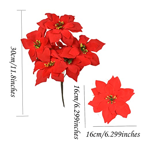 Wistart Christmas Artificial Poinsettia Flowers 6Pack Silk Red Poinsettia Artificial Bushes Red Christmas Flowers 7 Heads Velvet Poinsettia Floral Bouquet With Stem For Party Home Holiday Decoration #TOP4