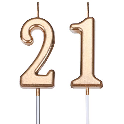 Nuanchu 21st Birthday Candles Happy Birthday Cake Number Candles Topper Decoration for Birthday Wedding Anniversary Celebration Favor 3.54 Inches Total Length (Champagne Gold)