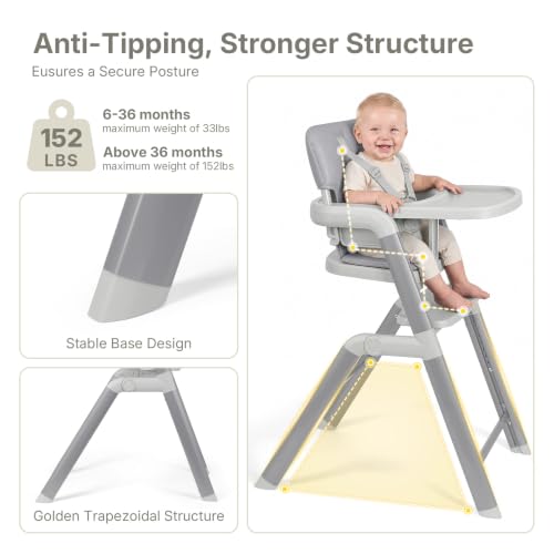 Image of Ezebaby High Chair for Babies Toddlers: Foldable Adjustable High Chairs with Removable Large Tray Easy-Clean Cushion Design Metal Baby High Chair(Grey)