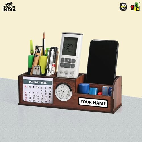 Image of Gift Kya De Personalized Stationery Desk Organizer With 2026 Calendar, Clock, And 4 Compartments - Elegant Wooden Table Organizer For Office And Home Use