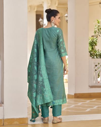 Image of Shaily Premium Silk Blend Woven Design Readymade Kurta with Pants and Dupatta Set | Ethnic Set | 3-Piece Suit Set | Haldi and Wedding Suit Set for Women