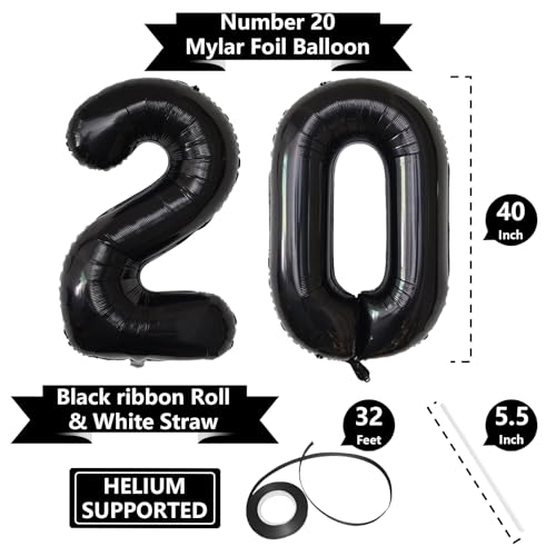 Image of Number Balloons Black Party Balloon - Giant Number 20 Balloon, 40 Inch Large Balloon for 20th Birthday Decorations, Black Party Supplies for Men Women