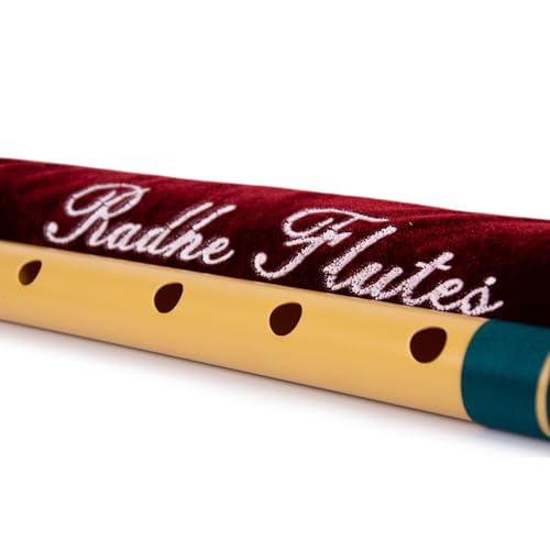 Image of Radhe Flutes | E Natural Right Handed Base Bansuri | Tuned With Tanpura A=440Hz | PVC Flute + Velvet Cover + Hindi & English Flute Lessons | PERENT (Beige Flute With Dark Green & Orange Threads)