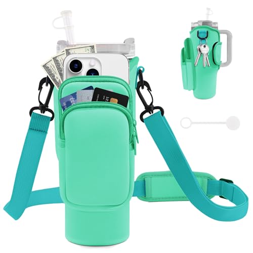 Image of Water Bottle Carrier Bag with Phone Pocket for Stanley Cup 40 /30 oz, Water Bottle Holder with Adjustable Strap& Straw Cover, Stanley Cup Accessories (Green)
