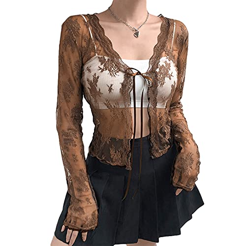 Elegant Women Lace Cardigan Long Sleeve See Through Sheer Shrug Mesh Blouse Tie Up Crop Tops2