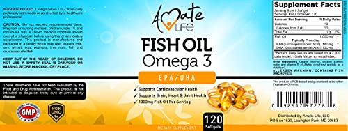 Amate Life Omega 3 Fish Oil Supplement Epa Dha 1000Mg Support Brain Functions, Cardiovascular, Heart & Joints Health Dietary Supplement For Men & Women - 120 Softgels Capsules (4 Months Supply) #TOP1