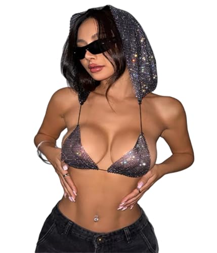 Sexy Hooded Rhinestone Lingerie Shiny Cyberpunk Bikini Bra 2-in-1 Sun Protection Hooded Top Spice Women Tie Underwear Tops for Rave Nightclub Festival Beach Streetwear Outfit