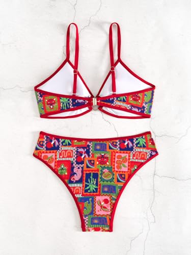 Image of Fanuerg Women's Triangle Bikini Sets O Ring Linked Two Piece Swimsuits Floral Printed Cheeky Bathing Suit
