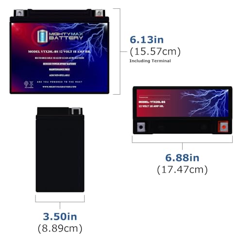 Image of Mighty Max Battery YTX20L-BS - 12 Volt 18 AH, 270 CCA, Rechargeable Maintenance Free SLA AGM Motorcycle Battery