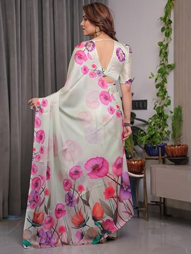 Image of ALMAARI FASHION Satin Georgette Floral Printed Saree with Blouse, 5.5 Meter Saree with 0.8 Meter Blouse, Traditional (SG 104 SH)