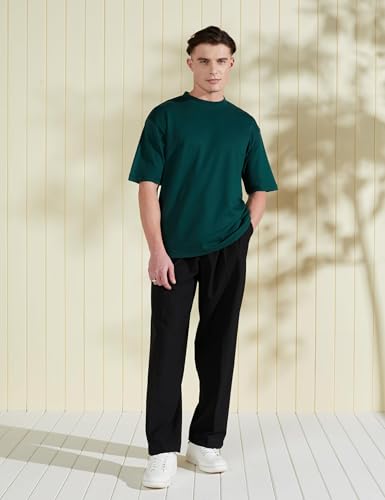 Image of Amazon Brand - Symbol Men's Fit Cotton Solid Oversized Round Neck T-Shirt (Coal Black + Forest Green L) (Combo Pack of 2)