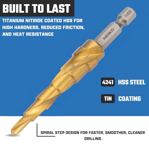 Image of NEIKO 10605A Step Drill Bit, 6 Steps 3 /16 inch to 1 /2 inch Spiral High Speed Steel, Titanium Nitride Coated, 1 /4 inch Quick Change Step Bits for Steel, Metal, Wood, Plastic, Unibit Cone Drill Bits, Two Flute