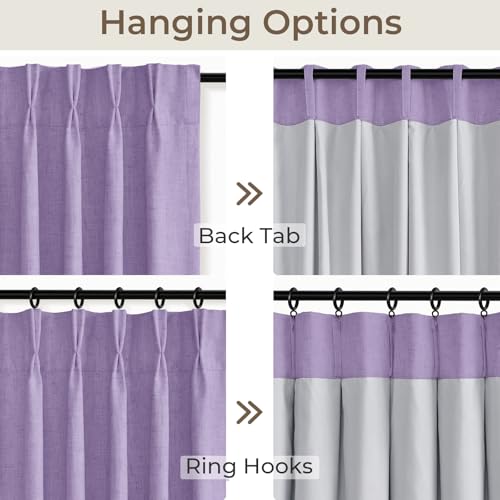 Pinch Pleated Blackout Curtains 84 Inch Long, Linen Blend, 100% Blackout Drapes with 20 Hooks, Ideal for Bedroom and Living Room, 40" W x 84" L (Pack of 2), Lavender Purple