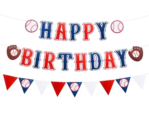 RICHHHA 3 Pieces Blue Red Pre-strung Baseball Banner No DIY Happy Birthday Backdrop Bunting Sign Baseball Triangle Bunting Pennant Flag Sports Themed Decorations for Boys Birthday Party Supplies