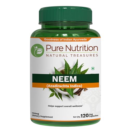 Pure Nutrition Neem Capsules 700mg. (Equivalent to 2600mg Neem Leaf Powder and Bark Powder) Non GMO | Once Daily | 120 Days Supply.
