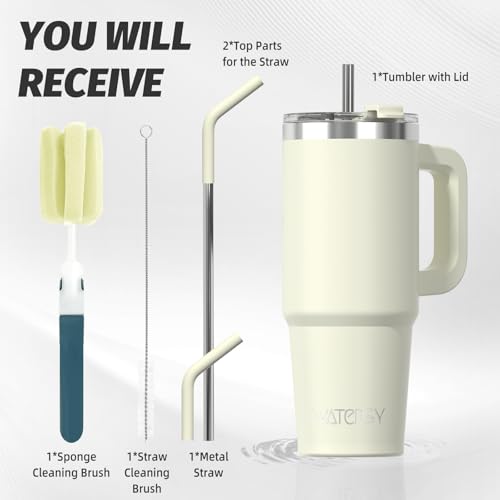 Image of 30 oz Tumbler with Handle,Tumbler with Lid and Straw,Double Wall Insulated Cup Stainless Steel Travel Mug(Cold for 34 Hours),Water Bottle for Iced Tea,Coffee,Cold Beverages(Cream White)