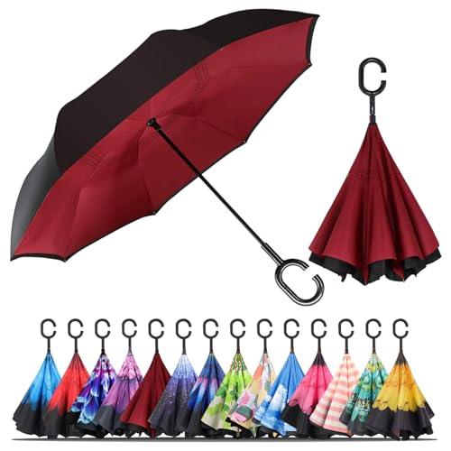 LLanxiry Paraguas invertido invertido boca abajo con mango en forma de C, impermeable anti-UV, paraguas de lluvia para mujeres y hombres (rojo)