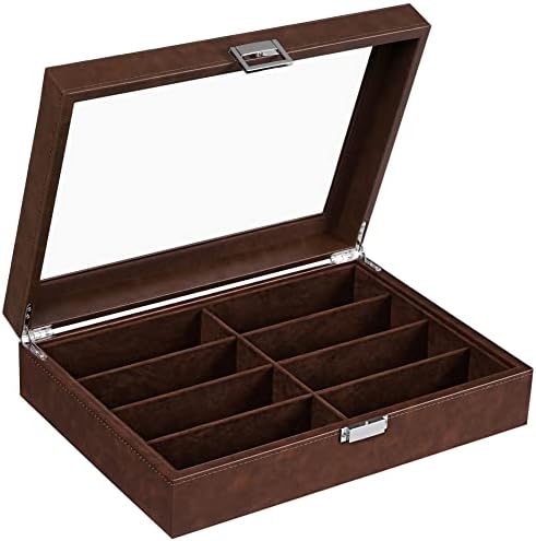 BEWISHOME Sunglasses Organizer, 8 Slot Sunglasses Case for Men, Eyeglasses Storage Box with Clear Glass Top, Faux Leather, Brown SSH38Z