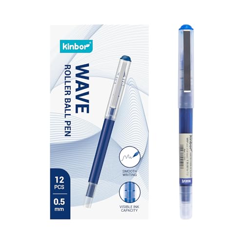 Image of Kinbor WAVE Roller Ball Pens - 0.5mm Fine Point, Blue, Pack of 5 - Smooth Writing Pens with Visible-Ink Window, Quick-Drying, Smudge-Free Gel-Ink Pens for Office, School, and Journaling
